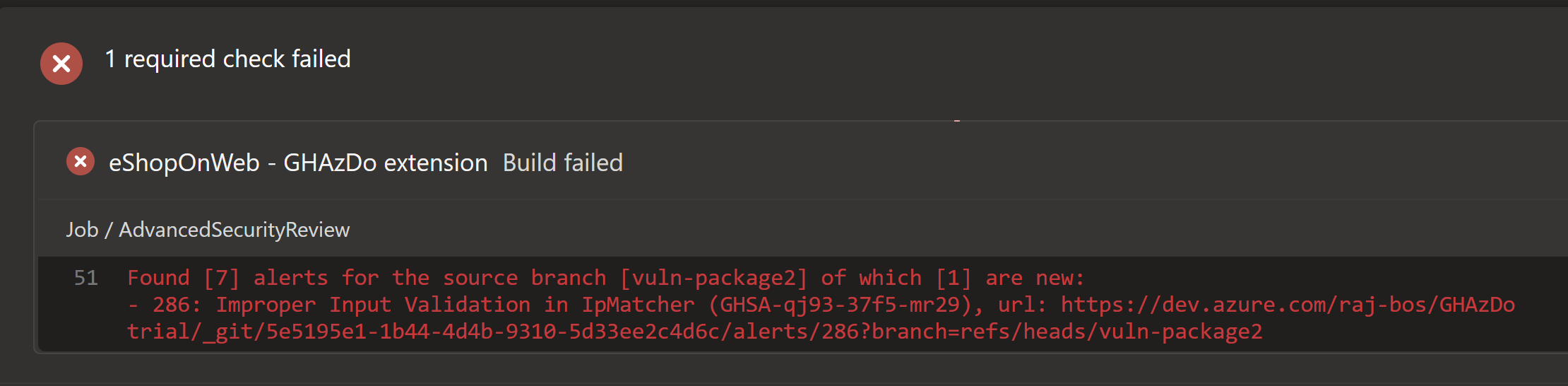 Screenshot of the failure message of the review task